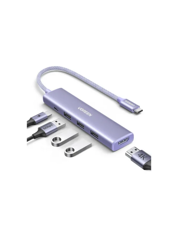 USB-C ჰაბი UGREEN CM478 (35582), USB, USB-C, HDMI, HUB, Purple