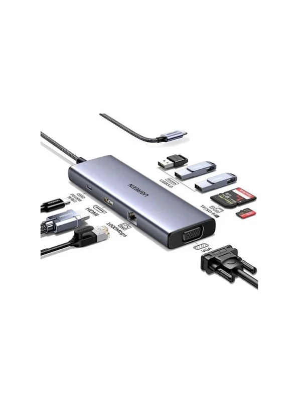 USB ჰაბი UGREEN CM498 (15600), USB-C, USB, HDMI, VGA, RJ45, SD, TF, Hub, Gray