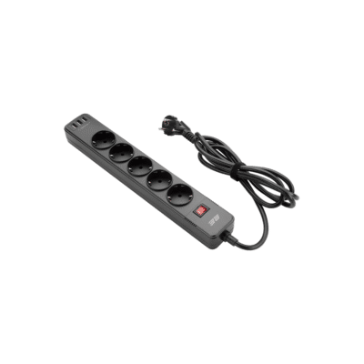 2E Power Strip with Surge Protector 5×Type F, Cable 3×1.5 mm², 16 A, 3×USB-A Ports, 2 m,  Black