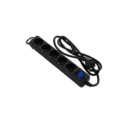 2E Power Strip 5×Schuko with Switch, 3G×0.75 mm² Cable, 3 m, Black